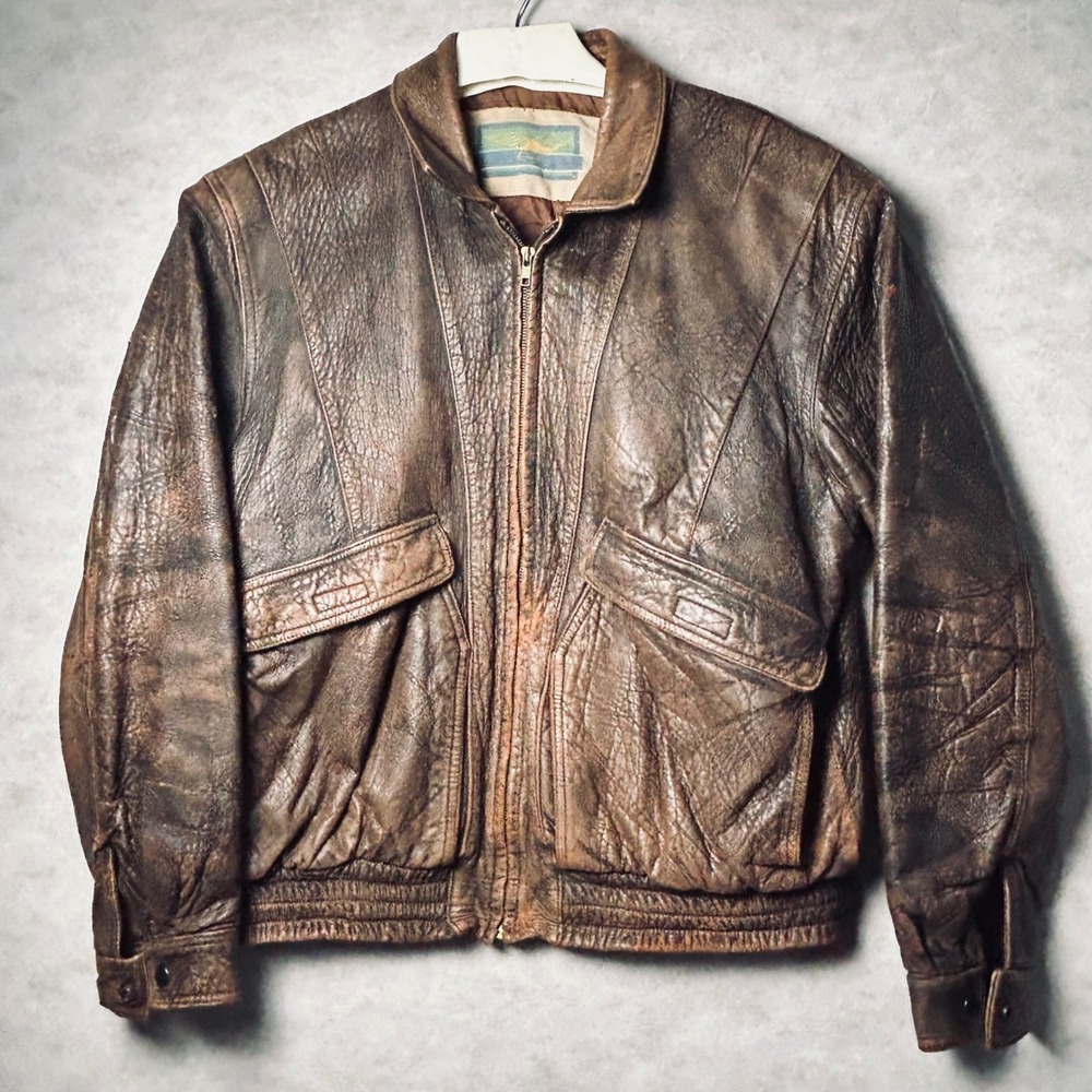 Vintage Distressed Leather‎ Bomber Jacket Mens Brown Aviator Biker Style
